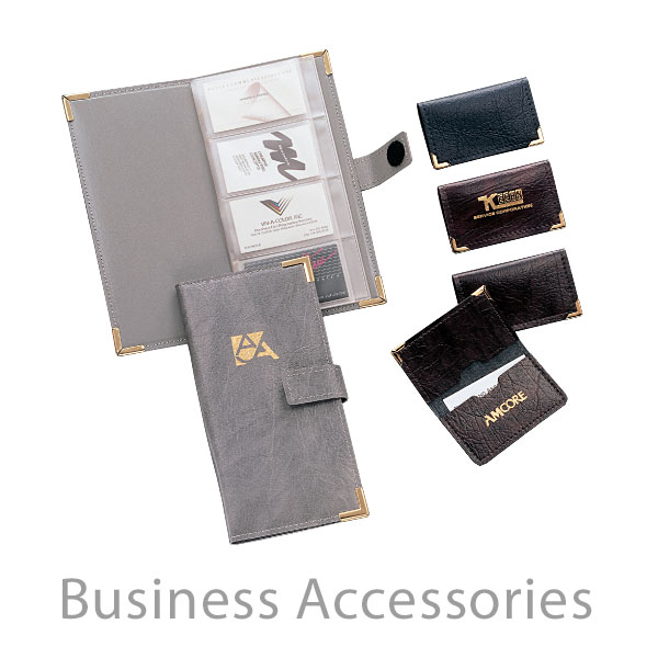 Business Accessories - Deluxe and Economy imprinted promotional luggage tags, business card holders, passport holders and accessories