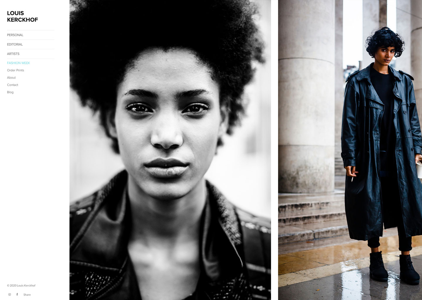 Diptych: black and white close-up portrait of a woman, and color full-length shot of her in a long coat outdoors
