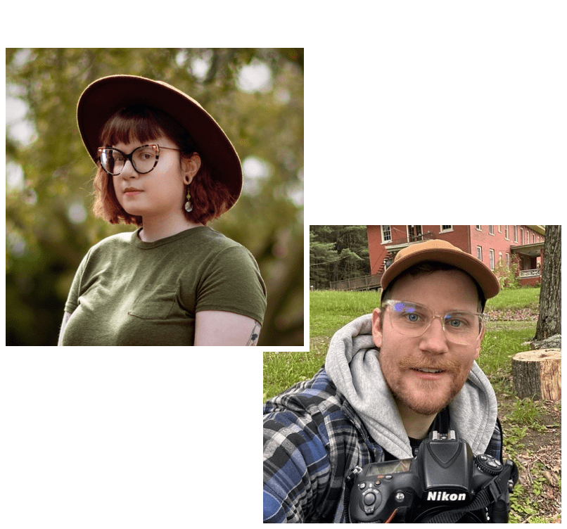 Collage of two portraits: a woman in a hat and glasses, and a man with a camera