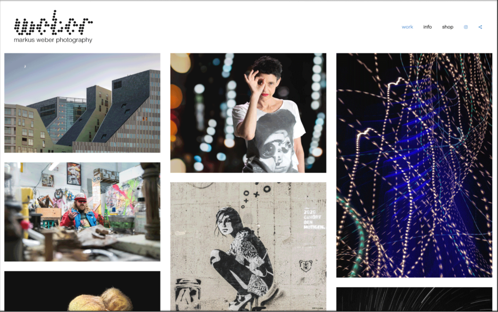Markus Weber photography portfolio: diverse images including architecture, portraits, street art, and light trails