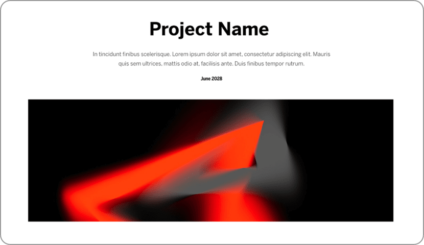 Abstract image: bright red and dark grey shapes on black background. Project name and date included