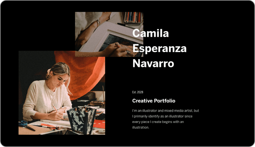Camila Esperanza Navarro's creative portfolio: two photos of her illustrating, text overlay