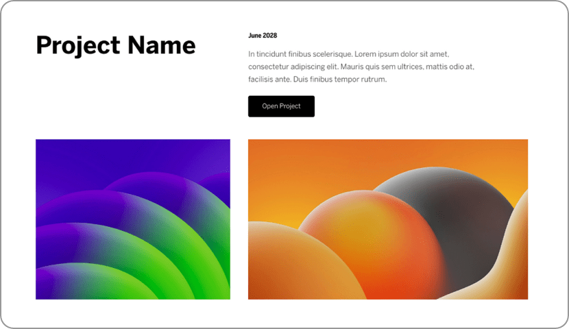 Project page with two abstract images: green-purple gradient curves and orange-toned spheres