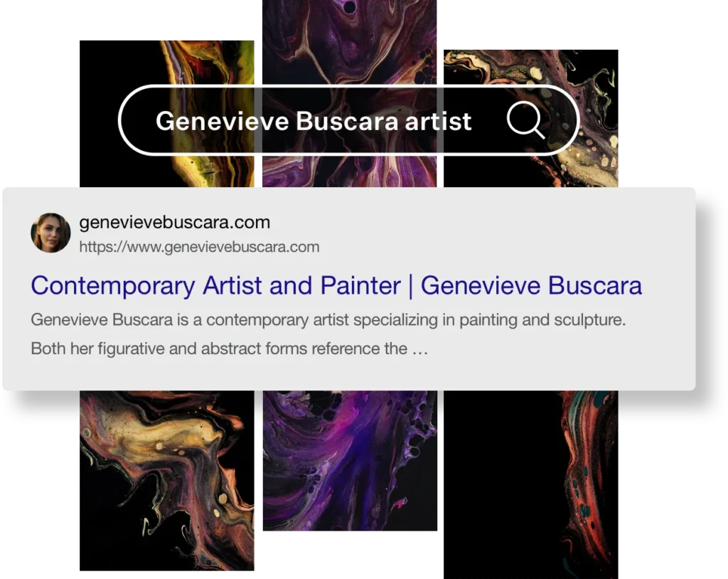 Genevieve Buscara's website graphic: abstract fluid paintings and artist bio