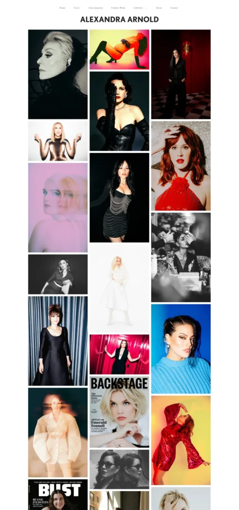 Grid of Alexandra Arnold's photography; portraits of women in various poses and outfits