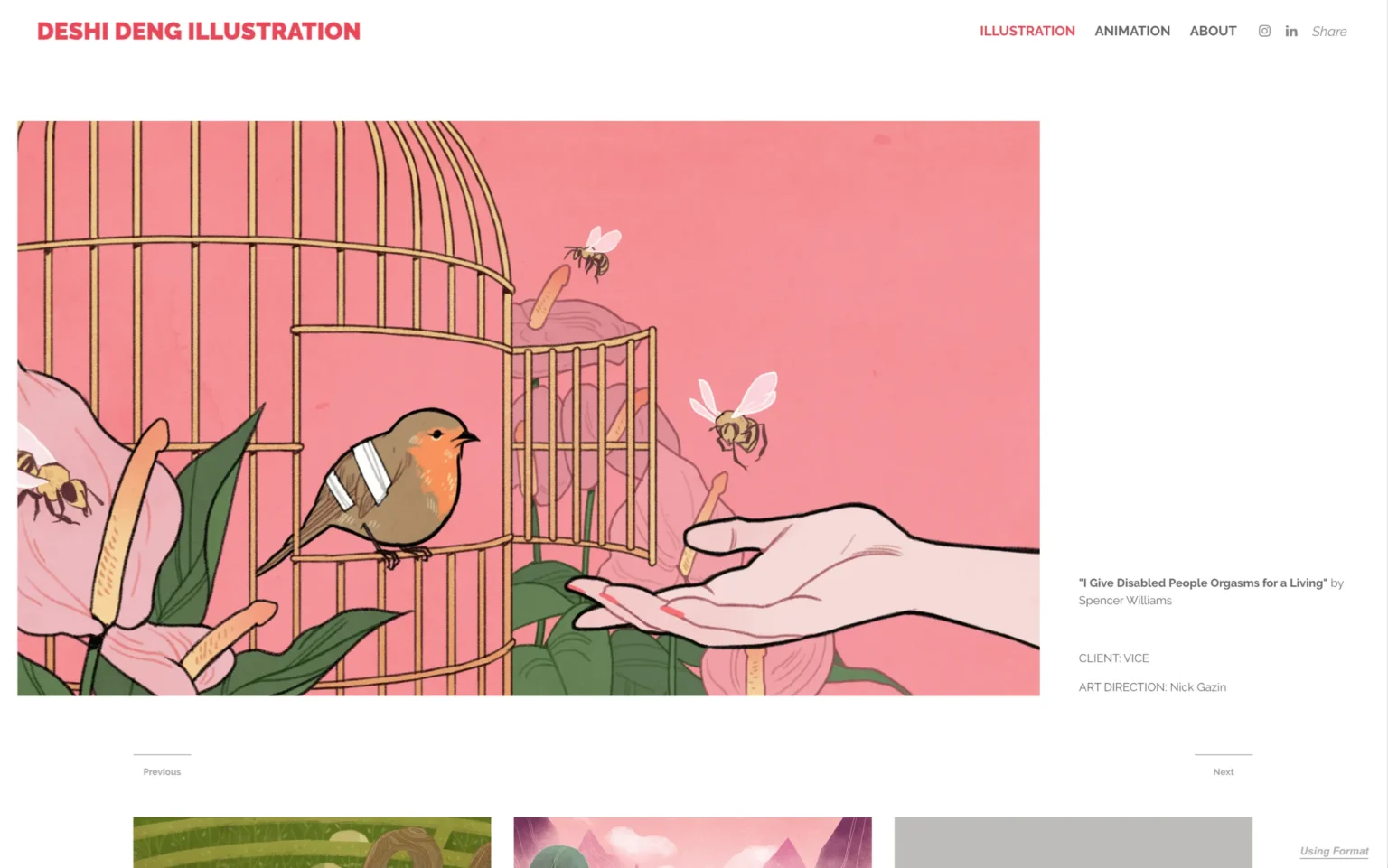 Injured robin in pink birdcage, hand outstretched nearby; pink flowers and bees