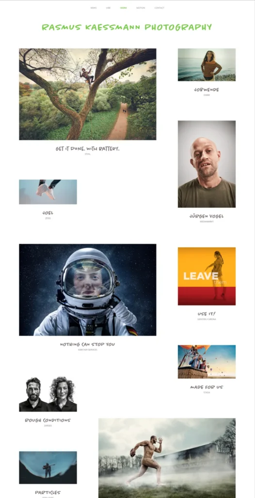 Rasmus Kaessmann Photography portfolio: diverse images including an astronaut, tree climber, and athletes